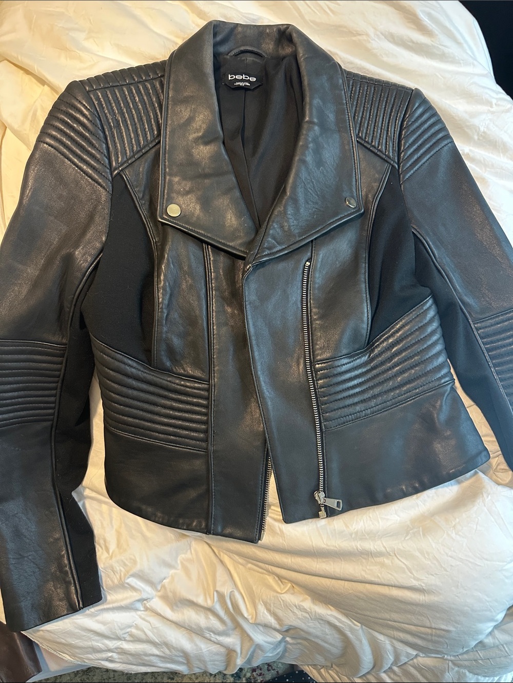bebe Black Quilted Panel Leather Moto Jacket